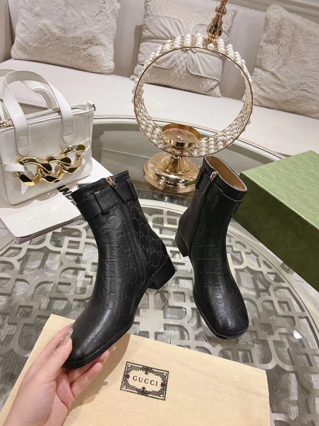 GUCCI MICRO GG DOUBLE G ANKLE BOOTS – BLACK / GOLD