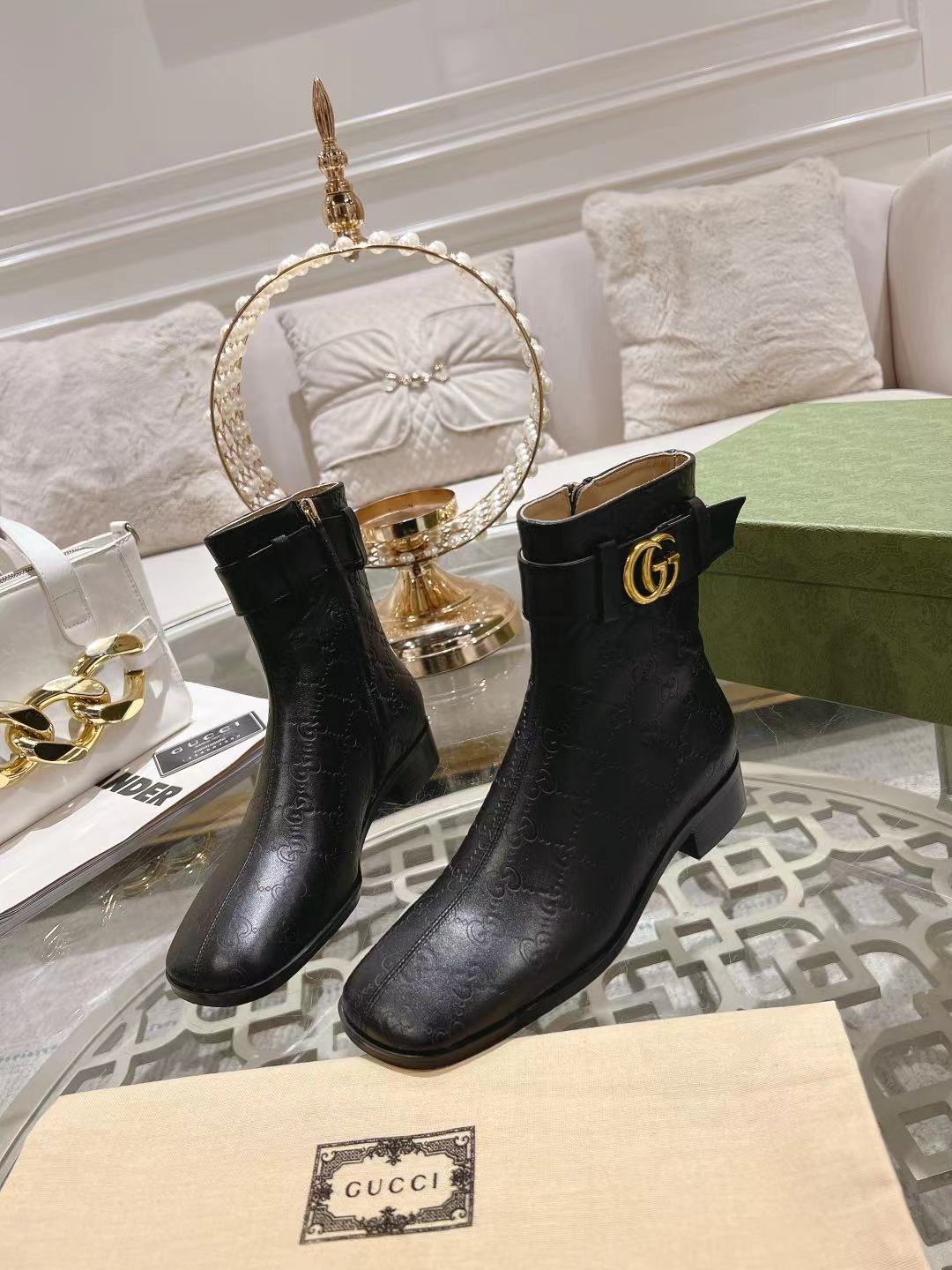GUCCI MICRO GG DOUBLE G ANKLE BOOTS – BLACK / GOLD