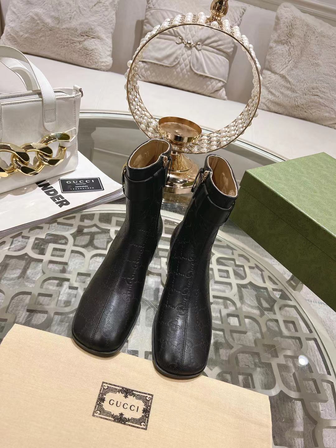 GUCCI MICRO GG DOUBLE G ANKLE BOOTS – BLACK / GOLD