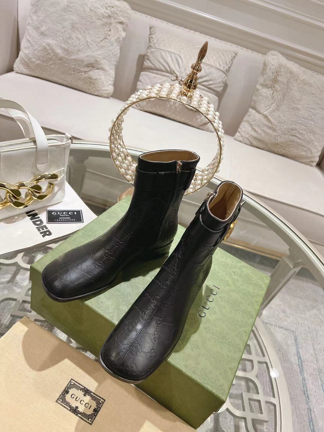 GUCCI MICRO GG DOUBLE G ANKLE BOOTS – BLACK / GOLD