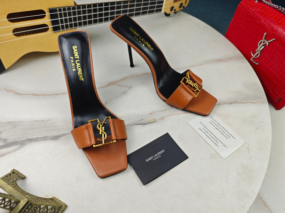 SAINT LAURENT CASSANDRE MULES – BROWN / GOLD