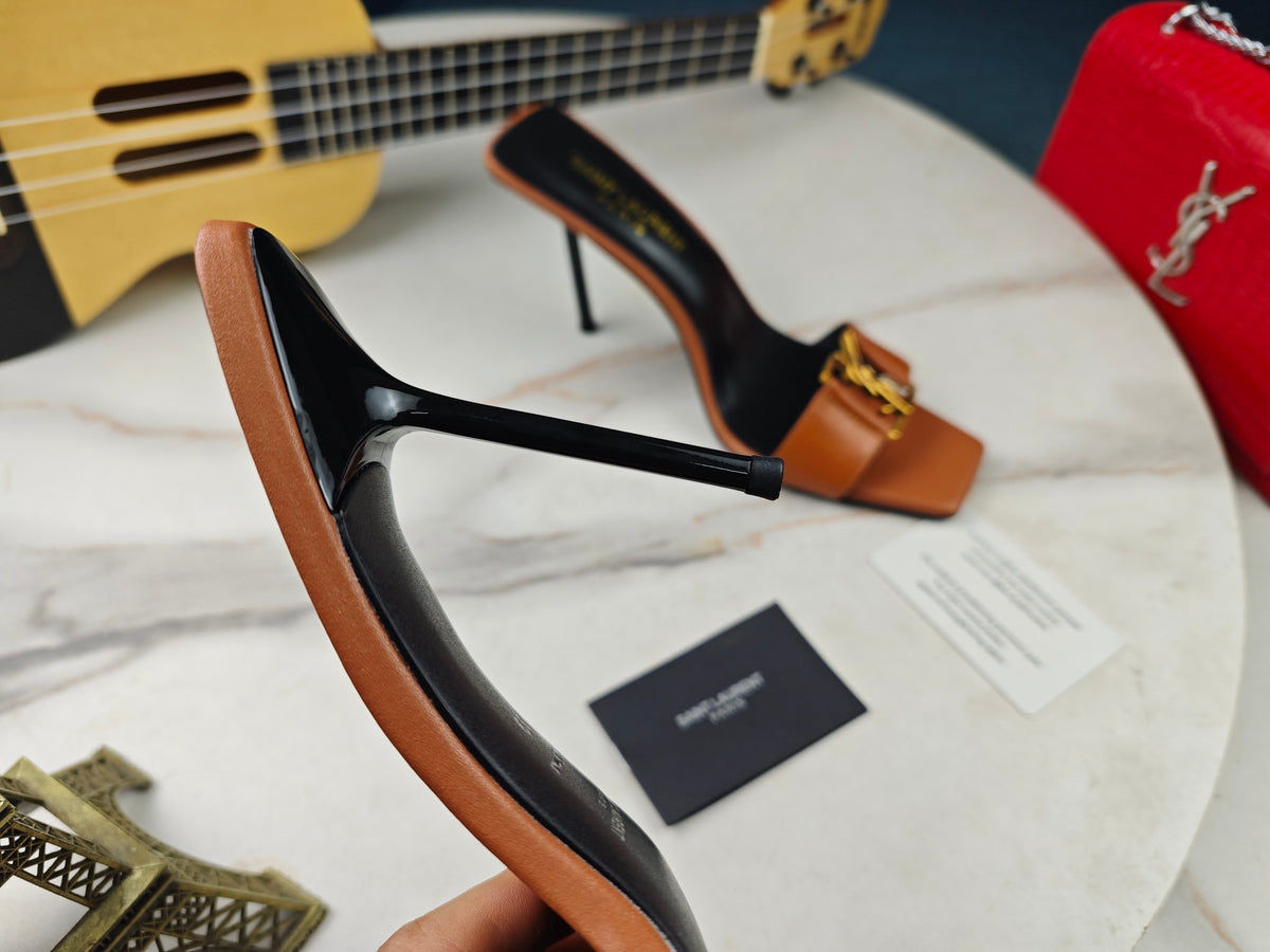 SAINT LAURENT CASSANDRE MULES – BROWN / GOLD