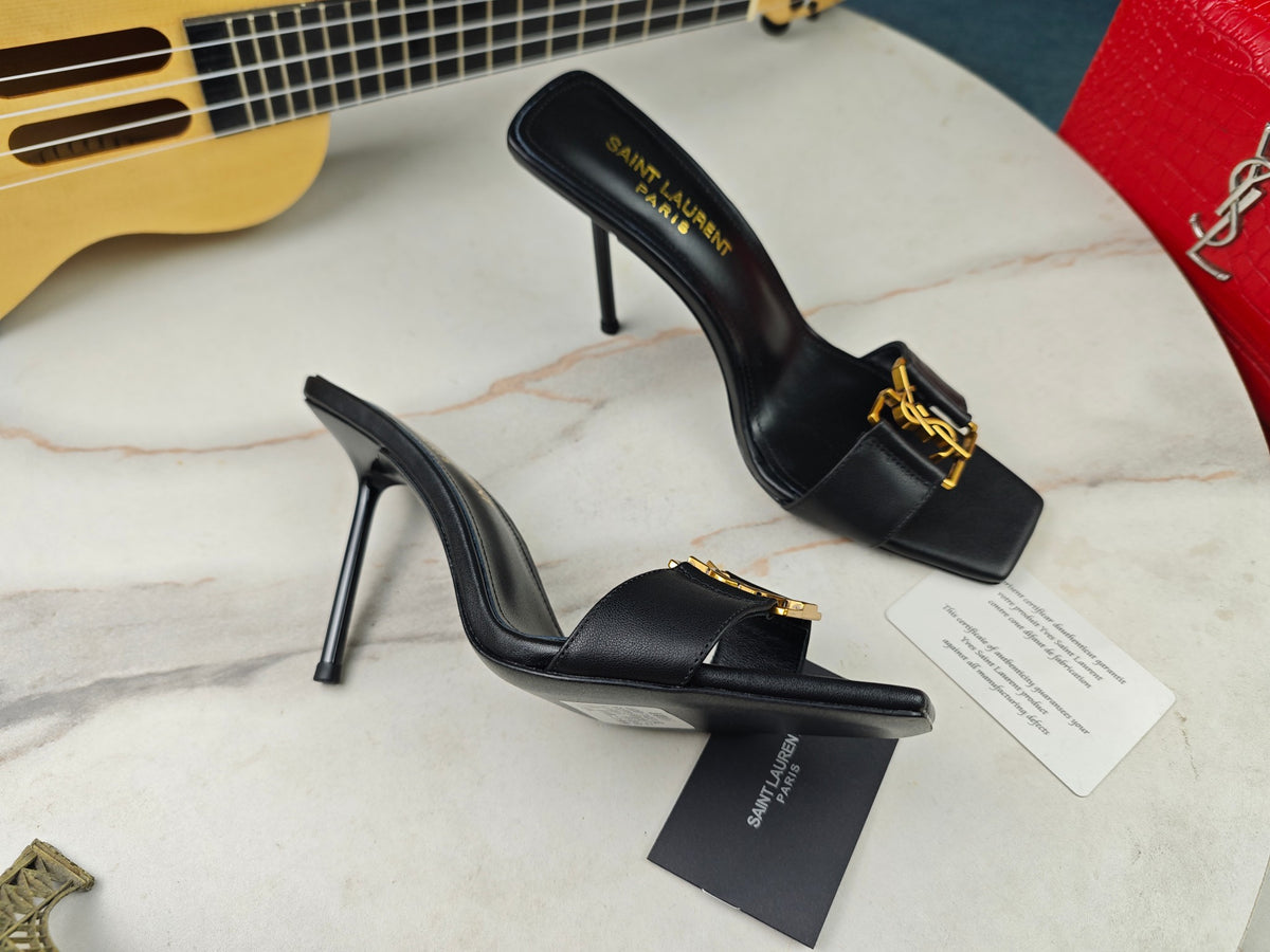 SAINT LAURENT CASSANDRE MULES – BLACK / GOLD