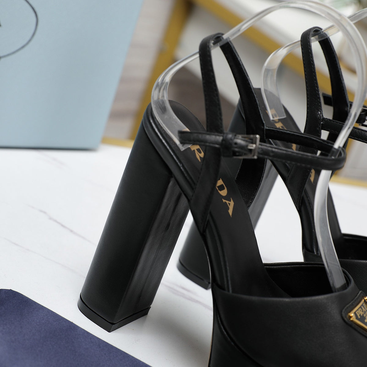 PRADA TRIANGLE PLATFORM SANDALS – BLACK