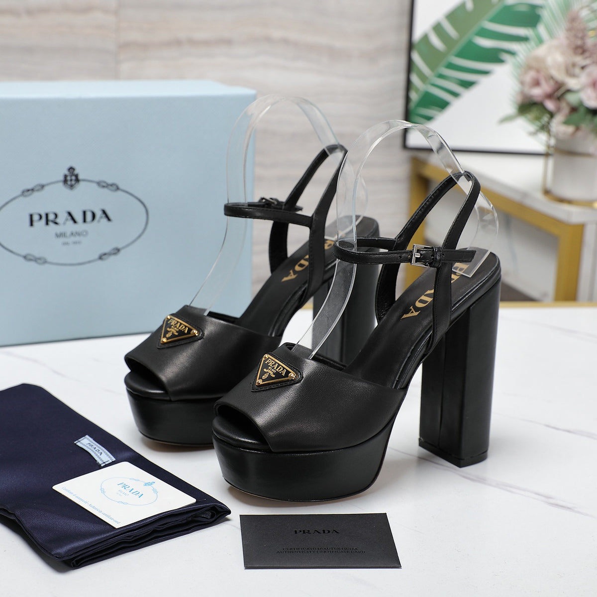 PRADA TRIANGLE PLATFORM SANDALS – BLACK