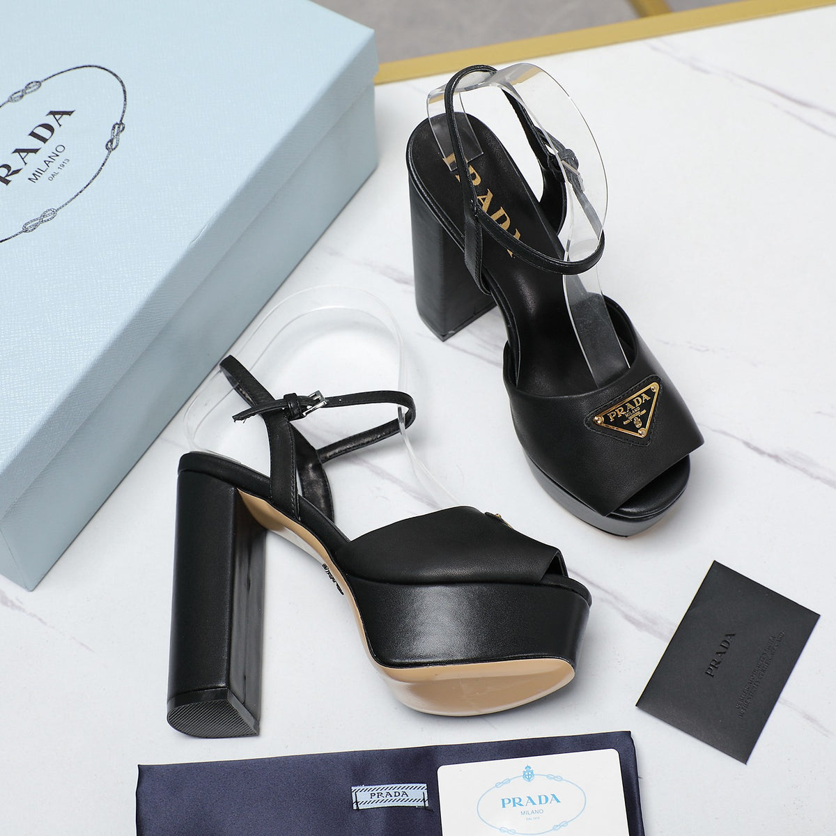 PRADA TRIANGLE PLATFORM SANDALS – BLACK