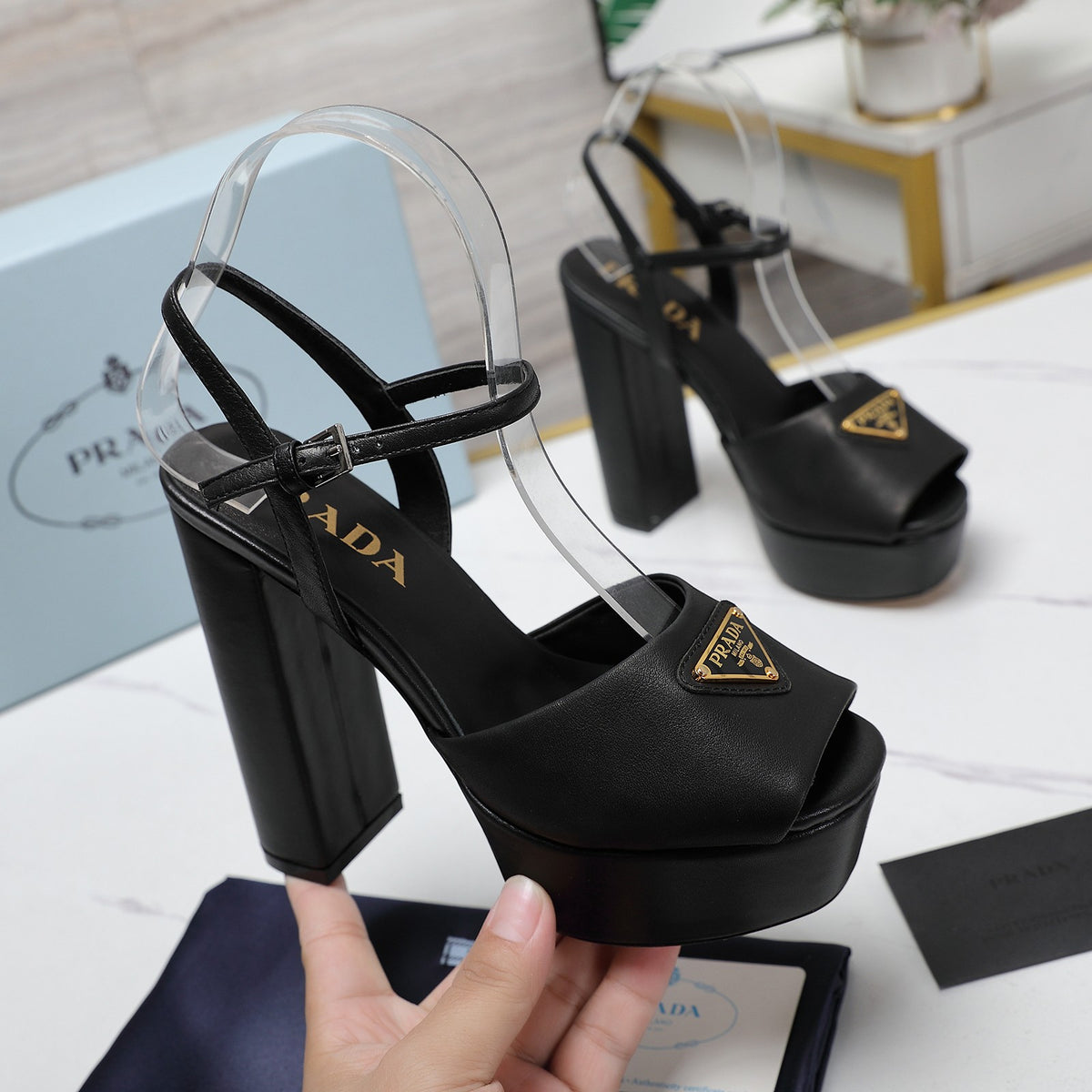 PRADA TRIANGLE PLATFORM SANDALS – BLACK