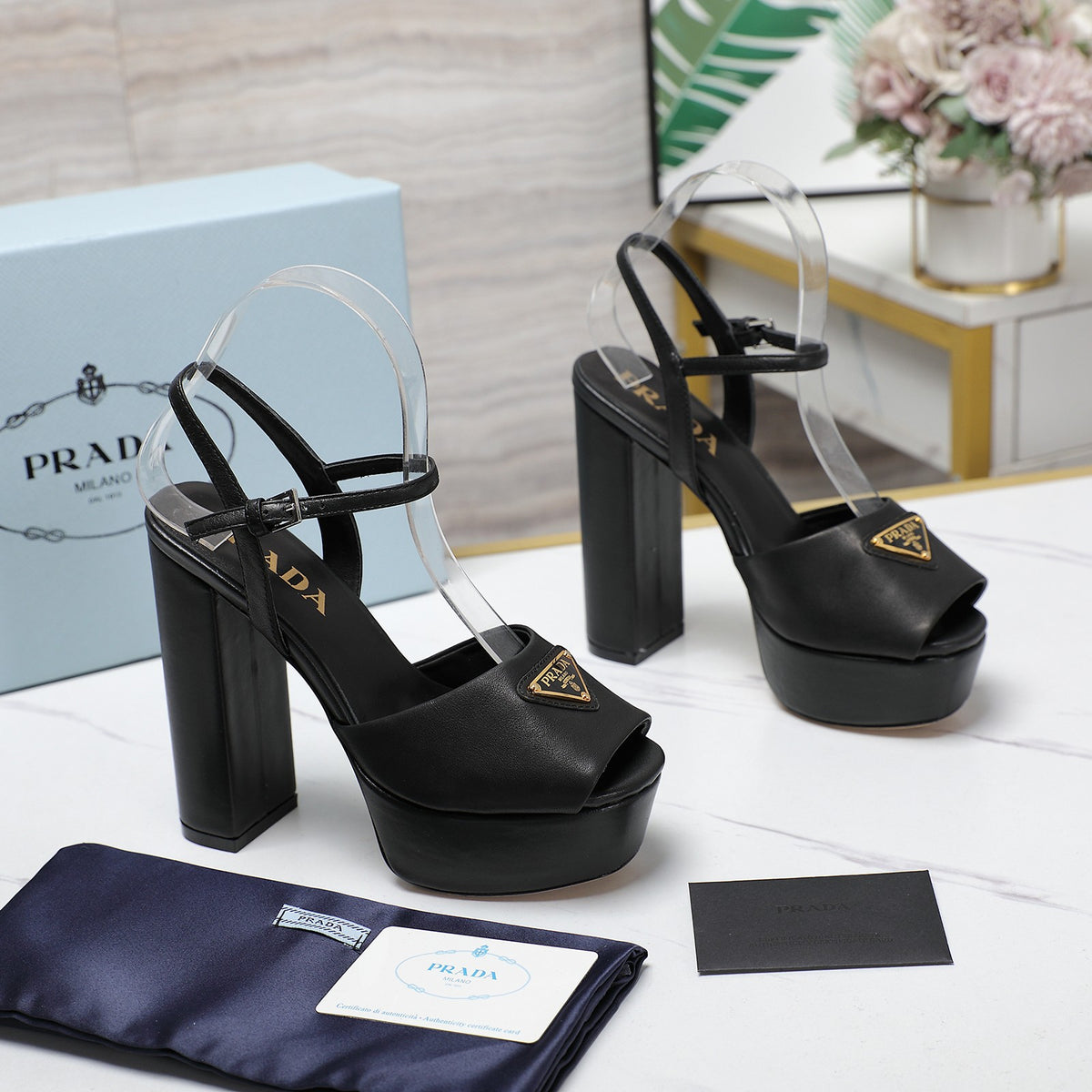 PRADA TRIANGLE PLATFORM SANDALS – BLACK