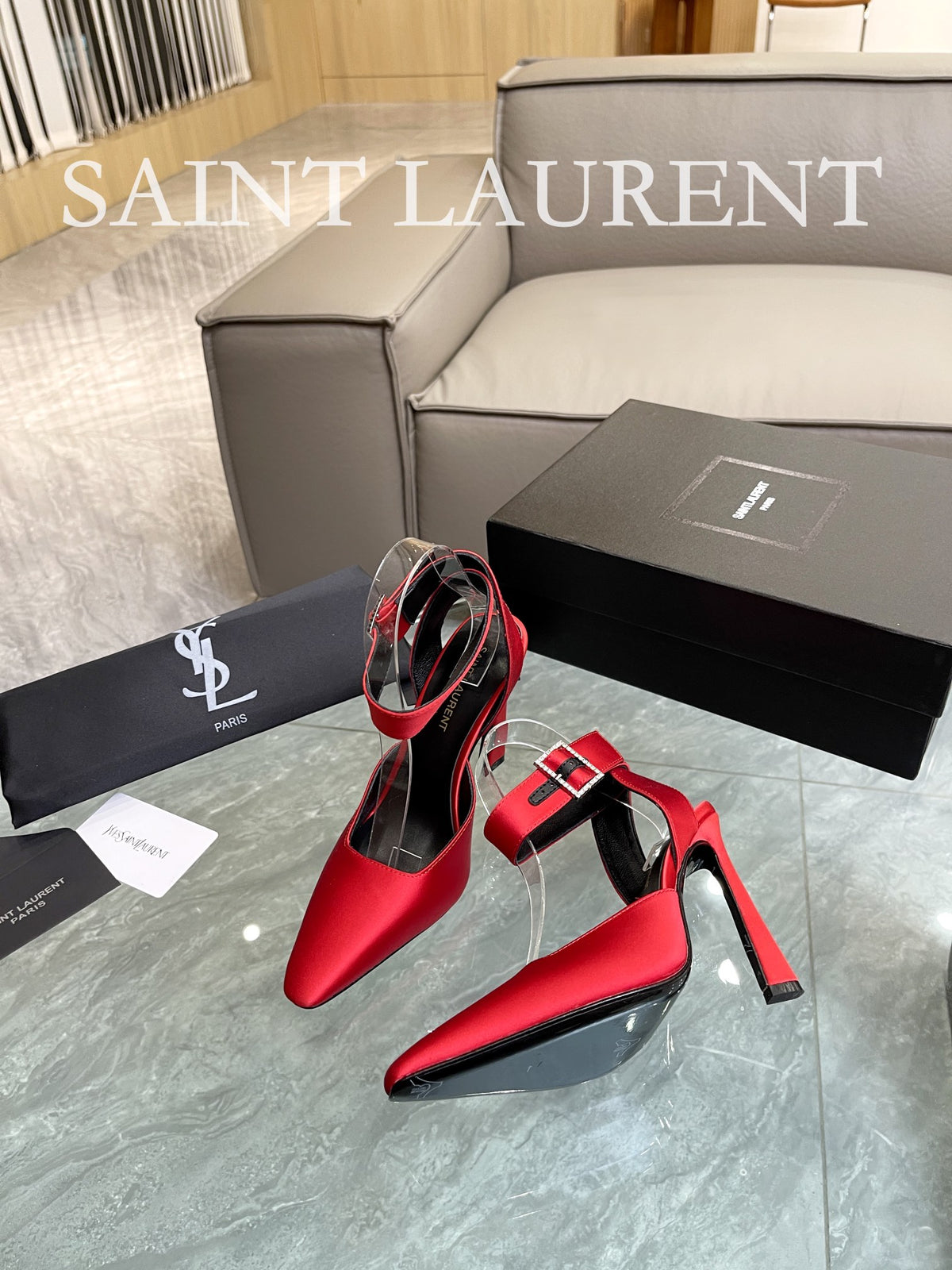 SAINT LAURENT Crystal Buckle Ankle-Strap Pumps