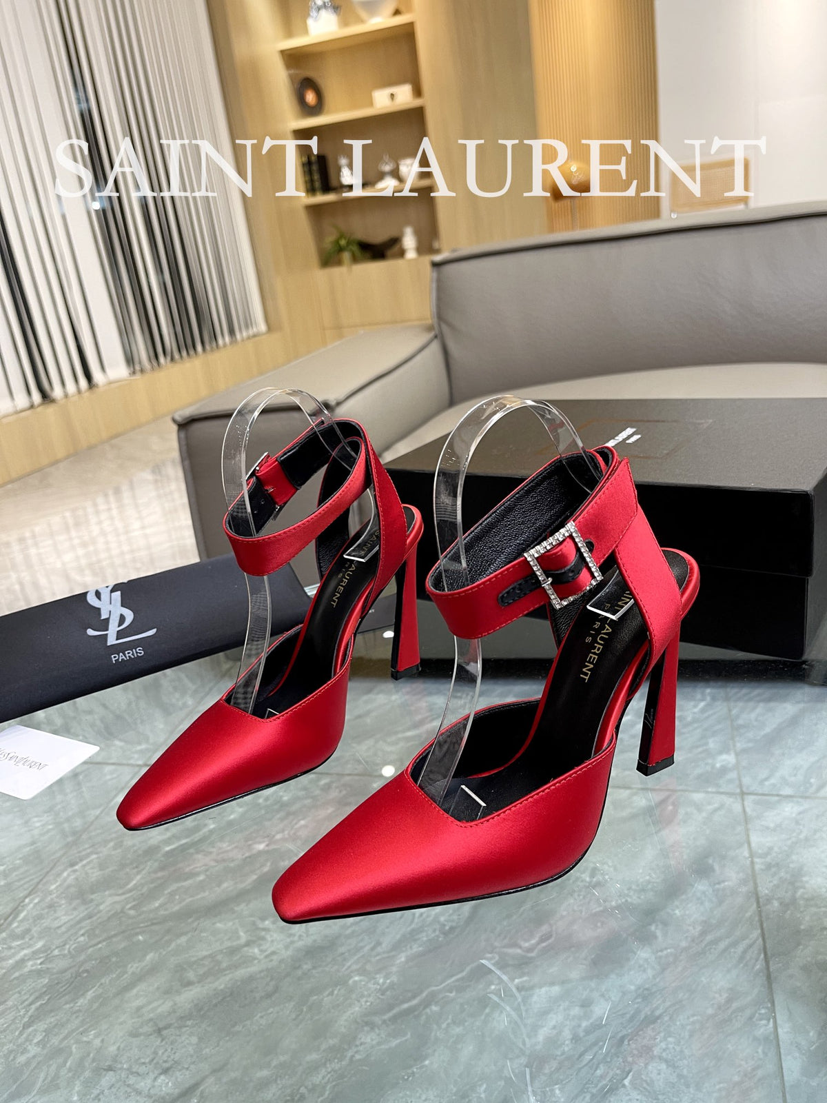 SAINT LAURENT Crystal Buckle Ankle-Strap Pumps