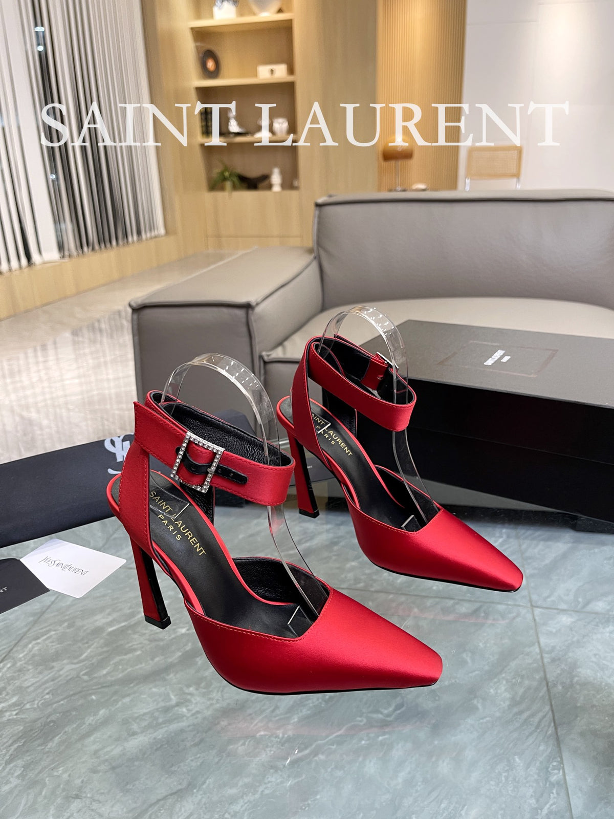 SAINT LAURENT Crystal Buckle Ankle-Strap Pumps