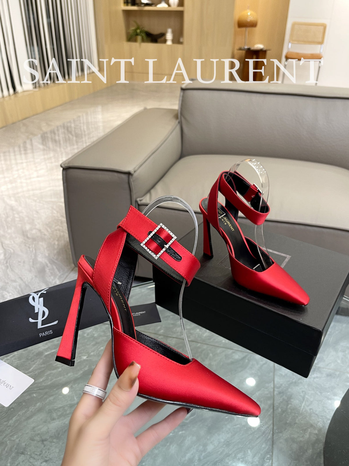 SAINT LAURENT Crystal Buckle Ankle-Strap Pumps