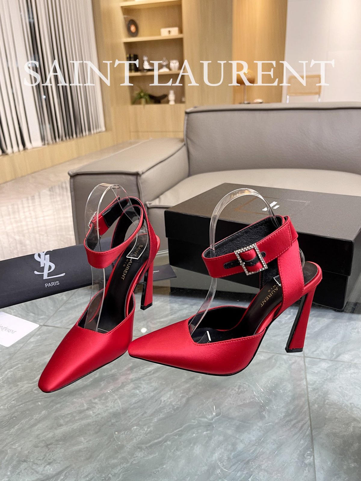 SAINT LAURENT Crystal Buckle Ankle-Strap Pumps