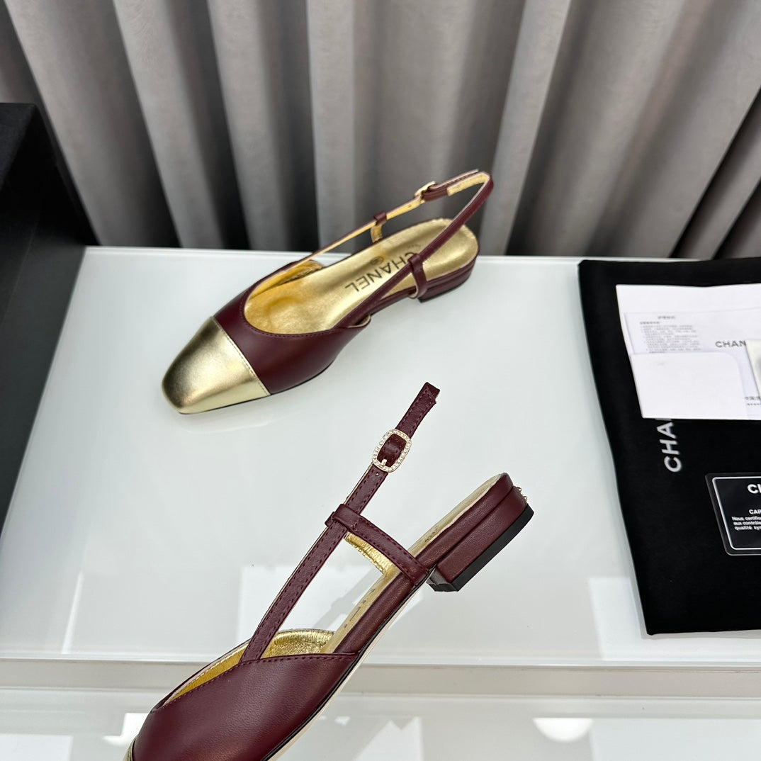 CHANEL Two-Tone Slingback Burgundy & Gold