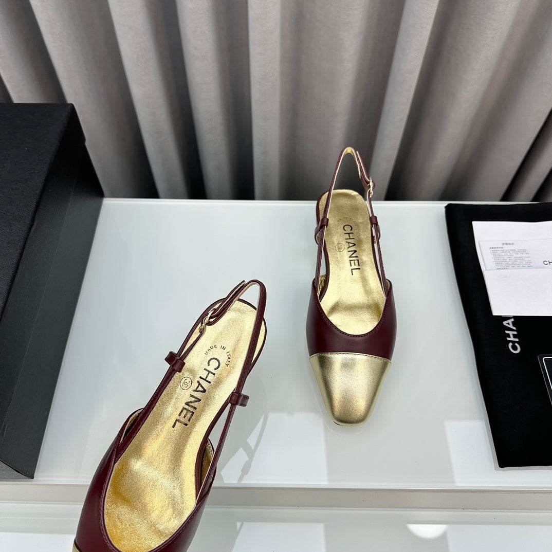 CHANEL Two-Tone Slingback Burgundy & Gold