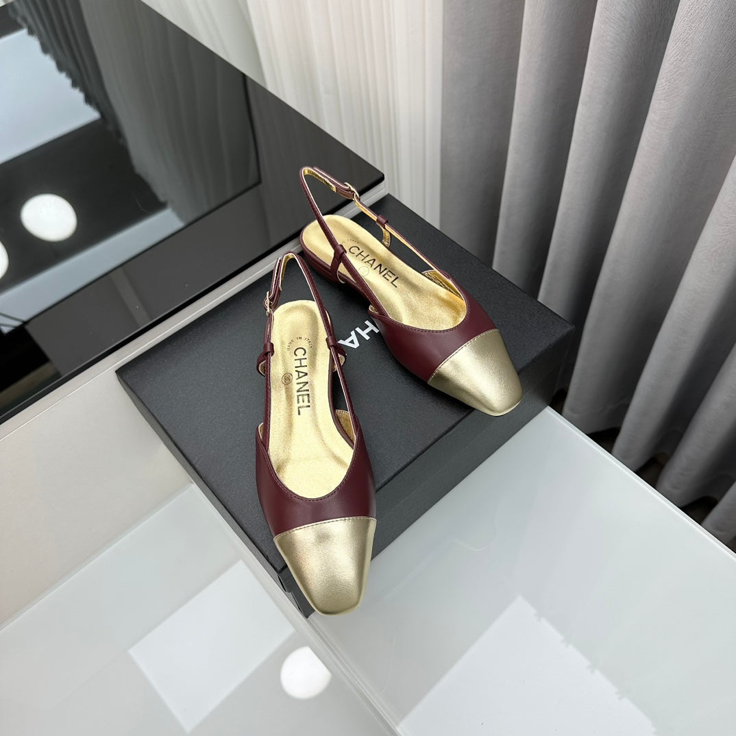 CHANEL Two-Tone Slingback Burgundy & Gold