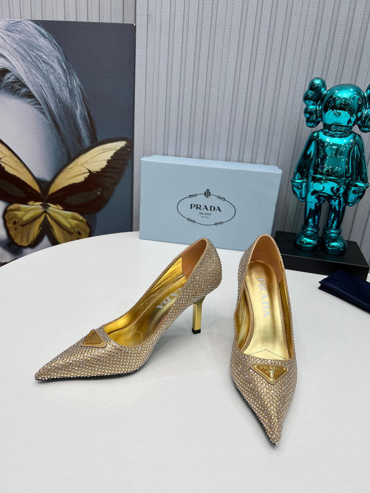 PRADA CRYSTAL POINTED-TOE PUMPS – GOLD