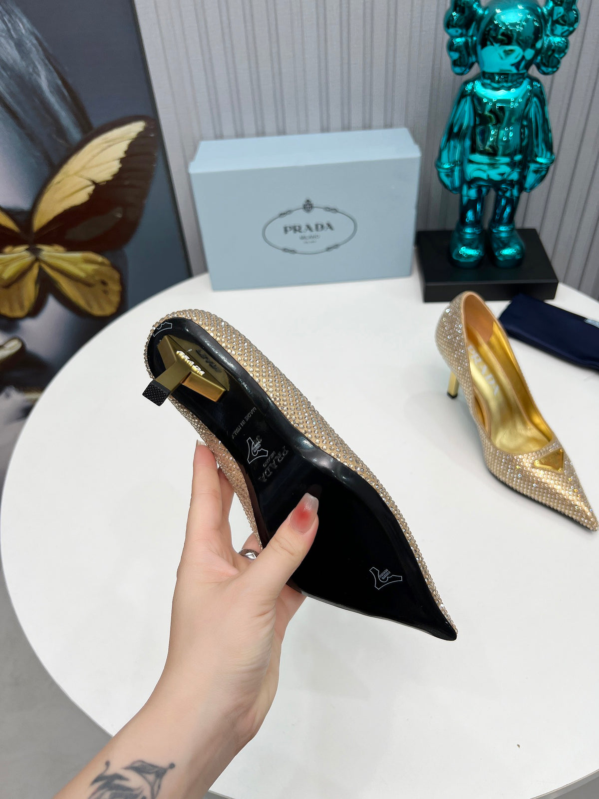 PRADA CRYSTAL POINTED-TOE PUMPS – GOLD