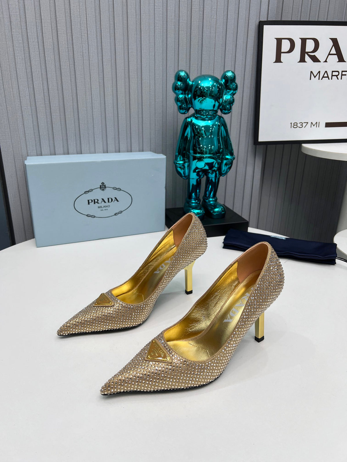 PRADA CRYSTAL POINTED-TOE PUMPS – GOLD