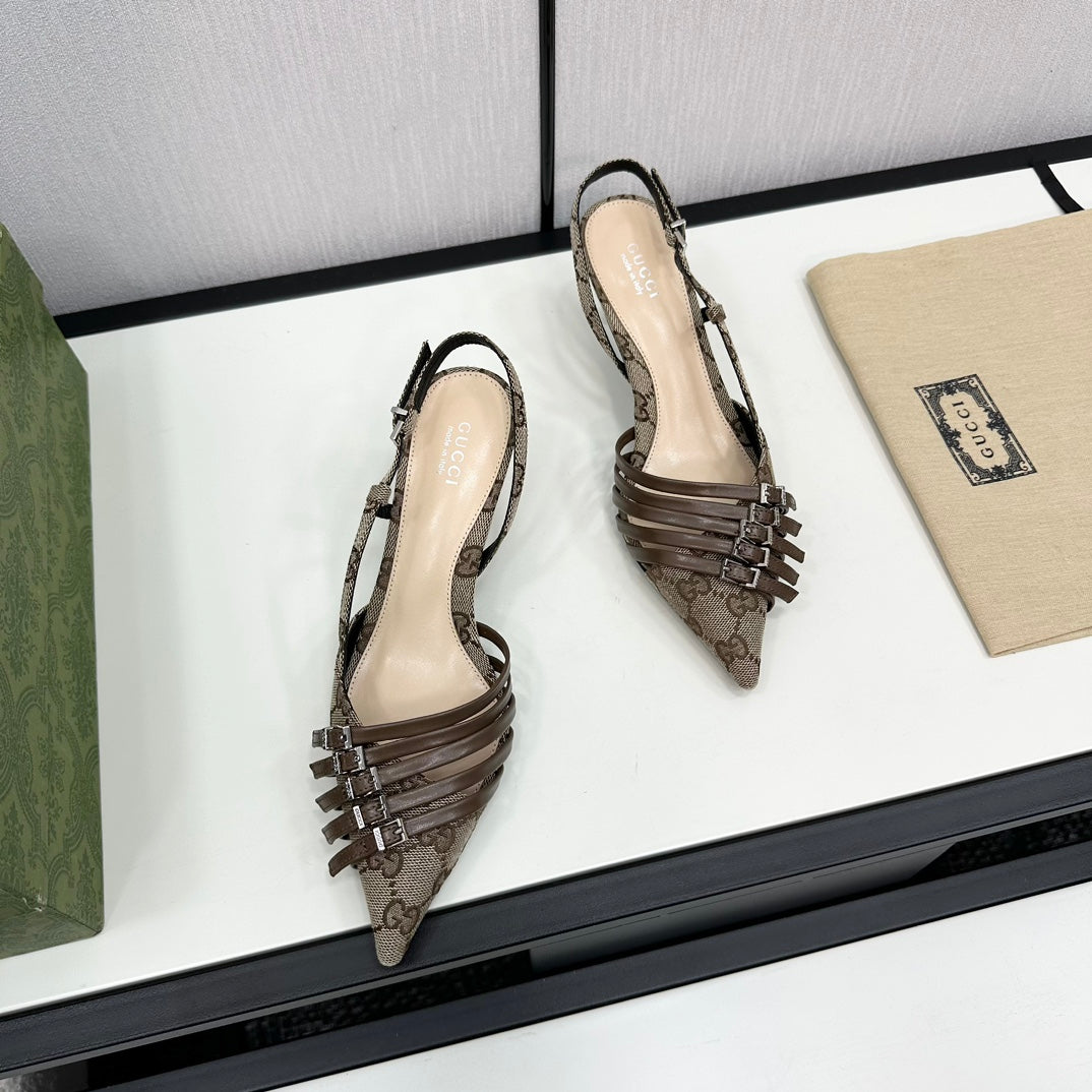 GUCCI GG CANVAS MULTI-STRAP SLINGBACK – BEIGE / BROWN