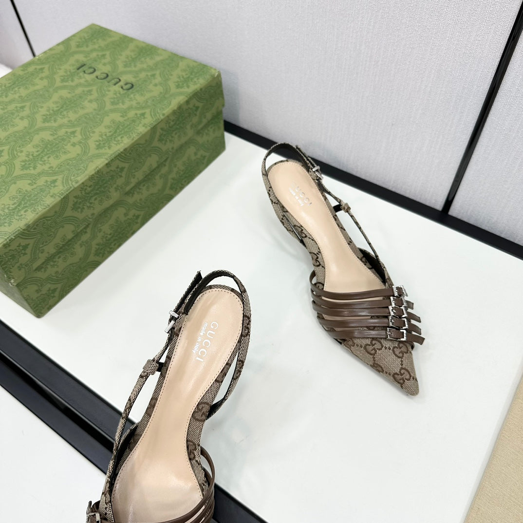 GUCCI GG CANVAS MULTI-STRAP SLINGBACK – BEIGE / BROWN
