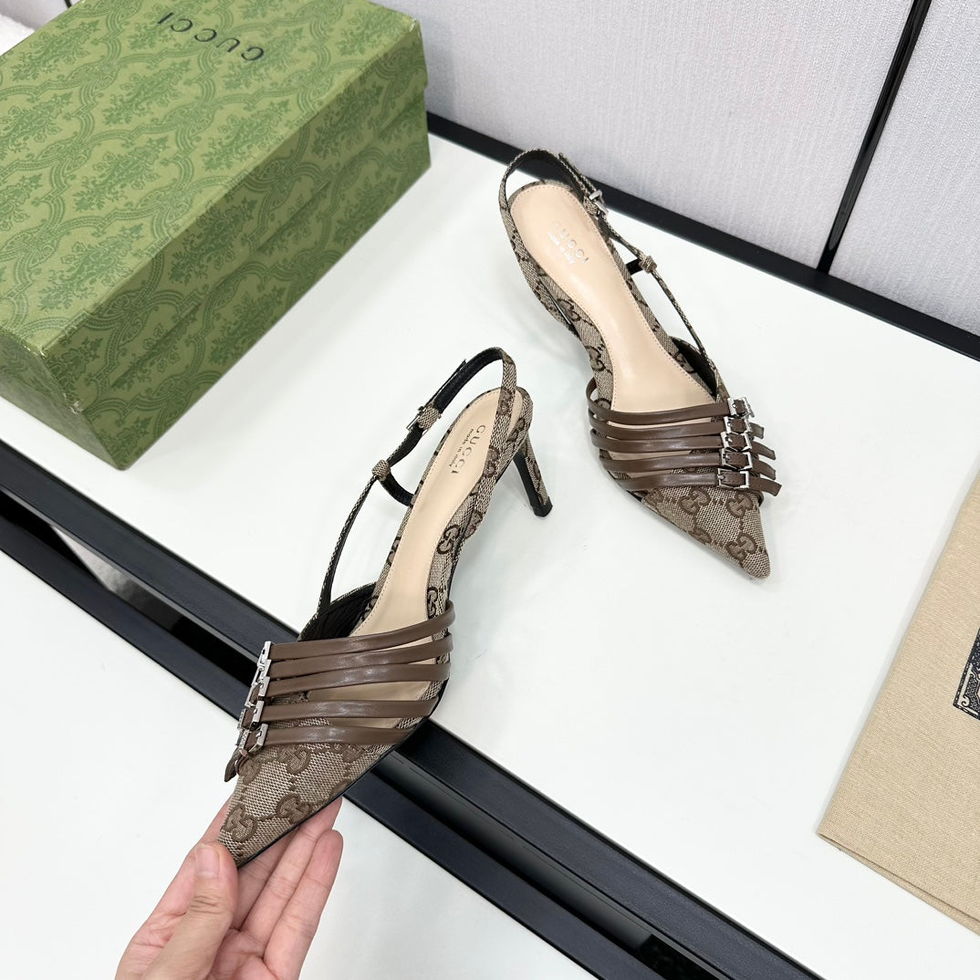 GUCCI GG CANVAS MULTI-STRAP SLINGBACK – BEIGE / BROWN