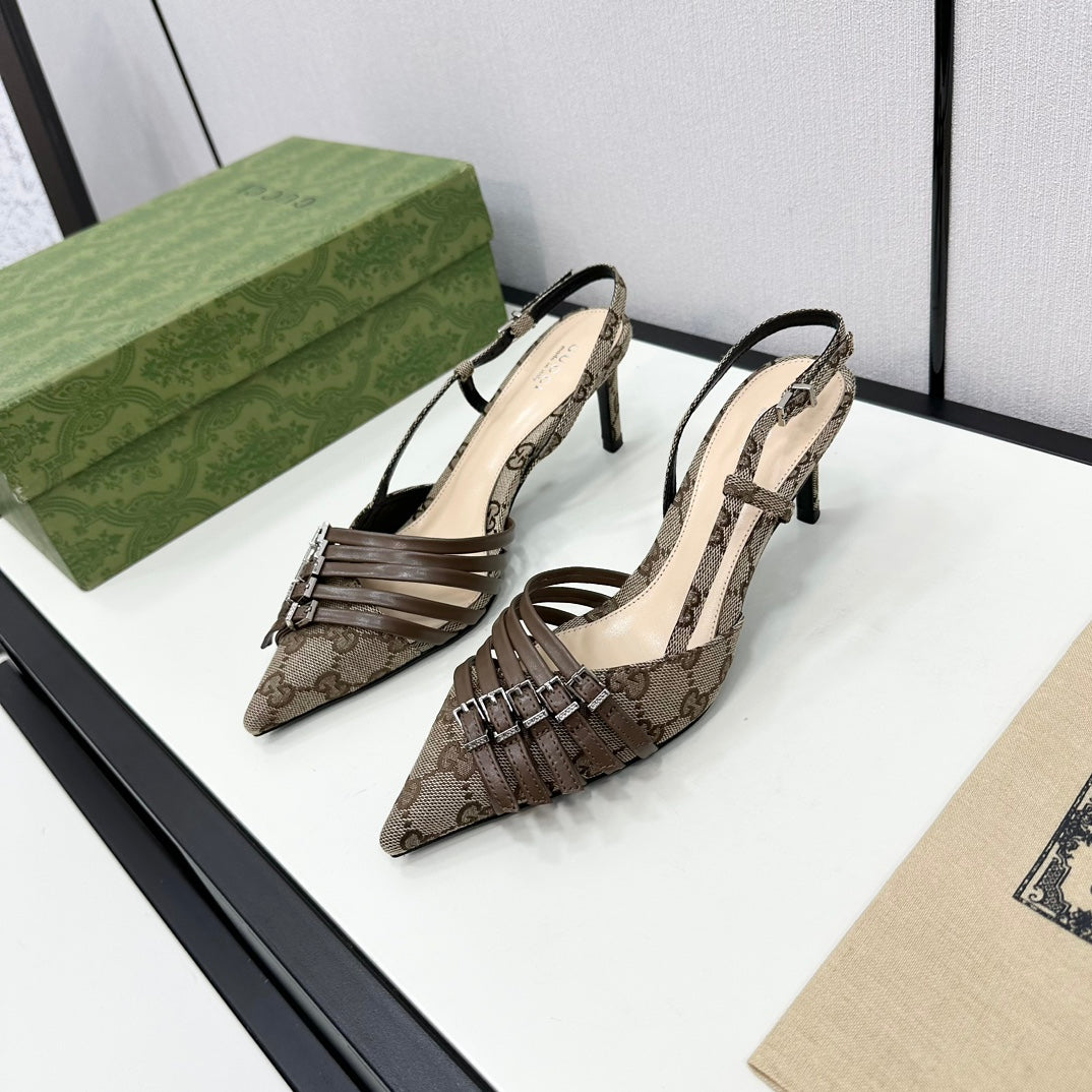 GUCCI GG CANVAS MULTI-STRAP SLINGBACK – BEIGE / BROWN