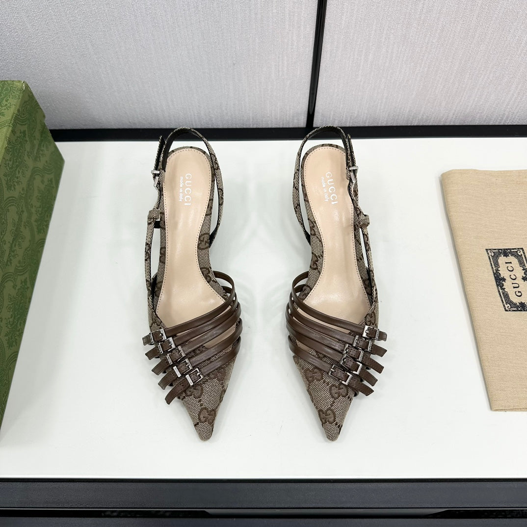 GUCCI GG CANVAS MULTI-STRAP SLINGBACK – BEIGE / BROWN