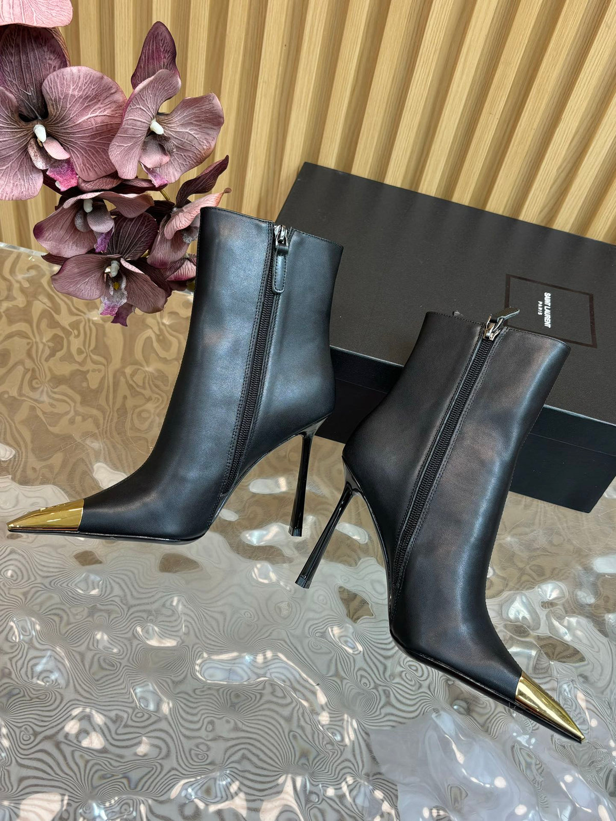 SAINT LAURENT Metal Cap Ankle Boots – Black & Gold