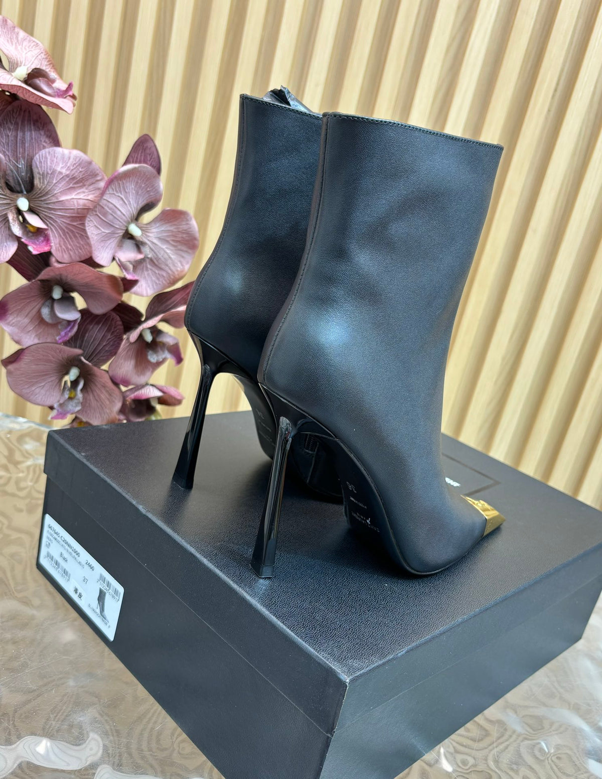 SAINT LAURENT Metal Cap Ankle Boots – Black & Gold