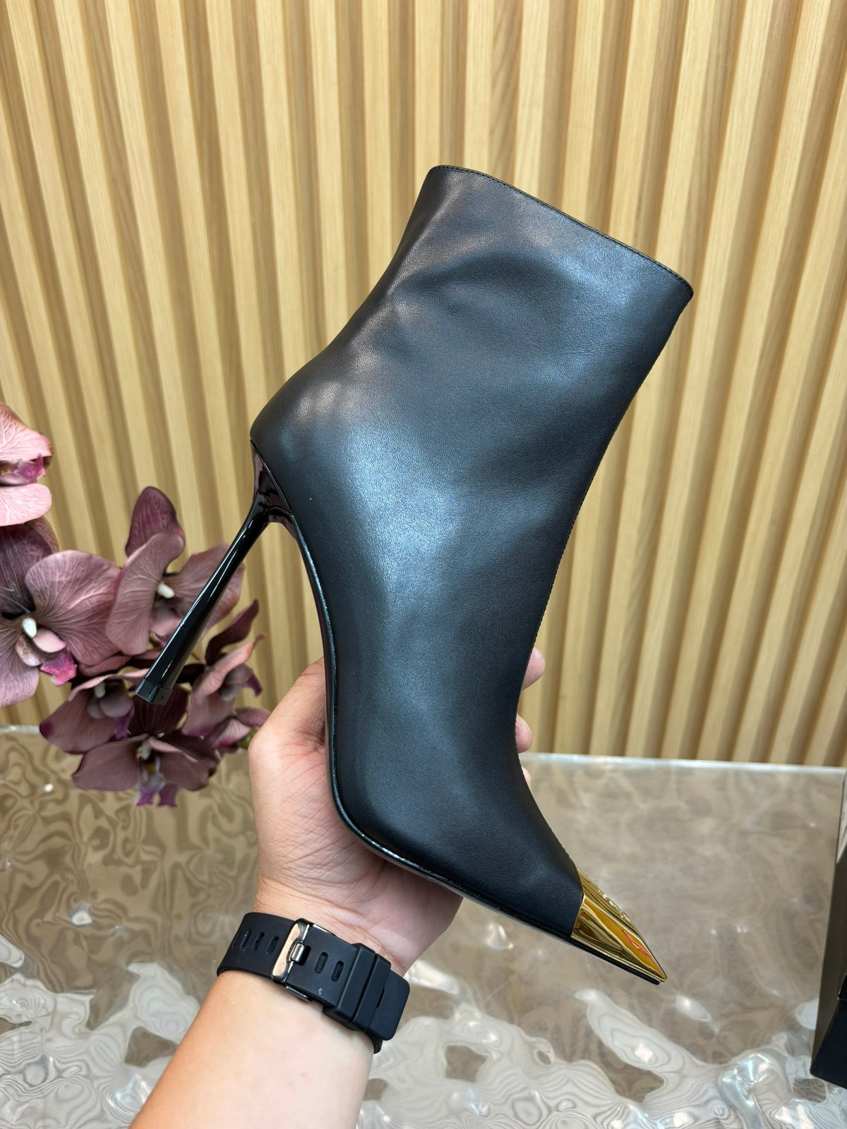 SAINT LAURENT Metal Cap Ankle Boots – Black & Gold