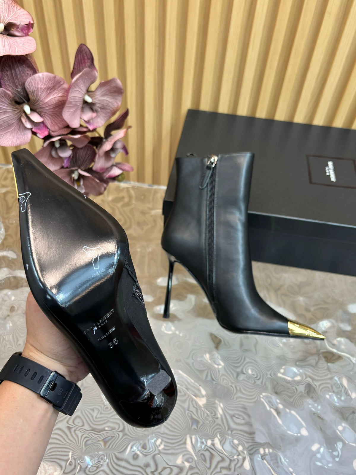 SAINT LAURENT Metal Cap Ankle Boots – Black & Gold