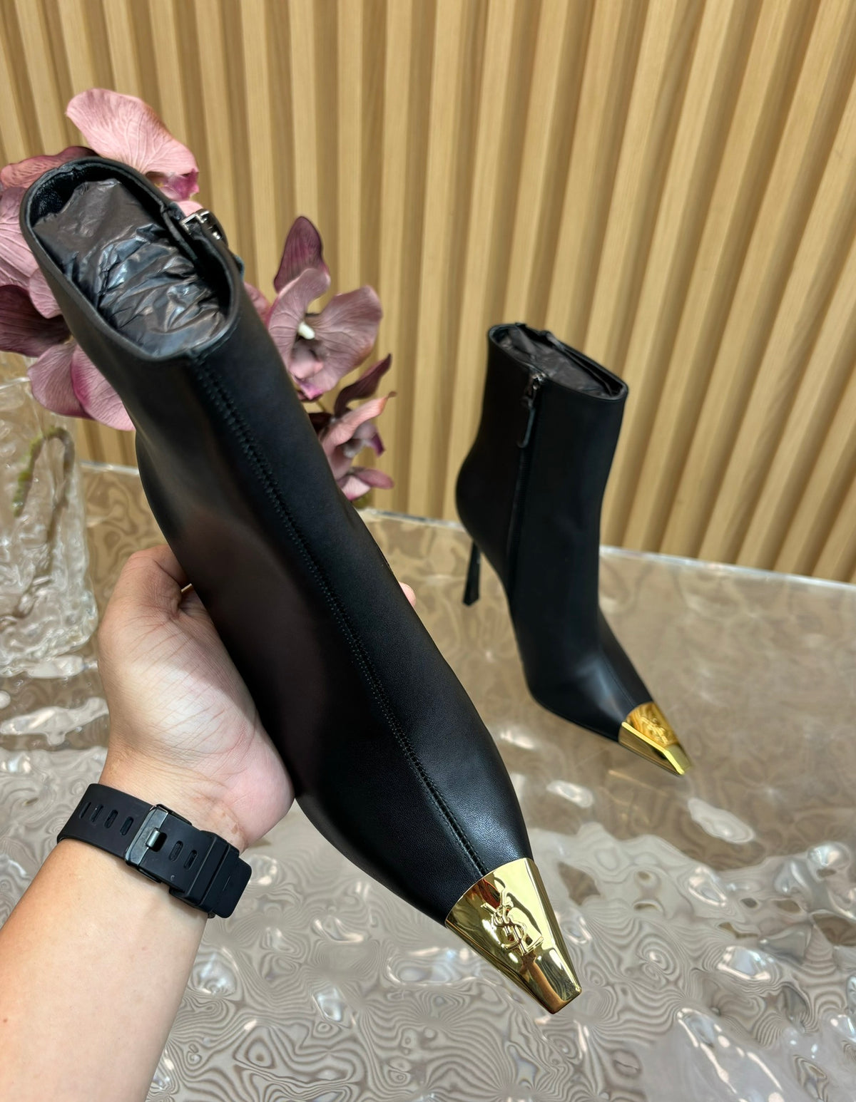 SAINT LAURENT Metal Cap Ankle Boots – Black & Gold