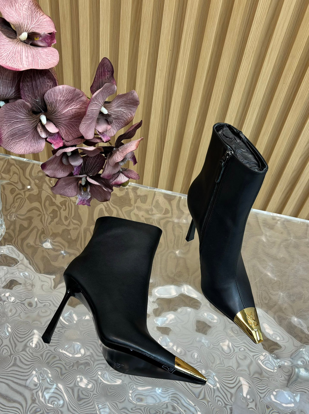 SAINT LAURENT Metal Cap Ankle Boots – Black & Gold