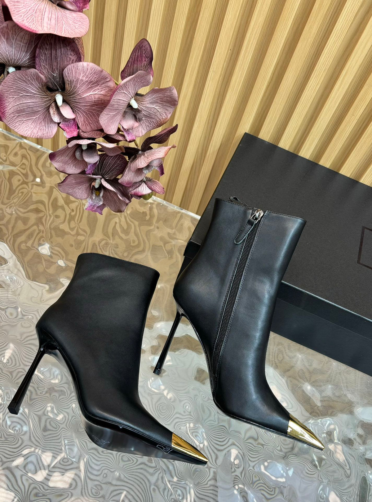 SAINT LAURENT Metal Cap Ankle Boots – Black & Gold