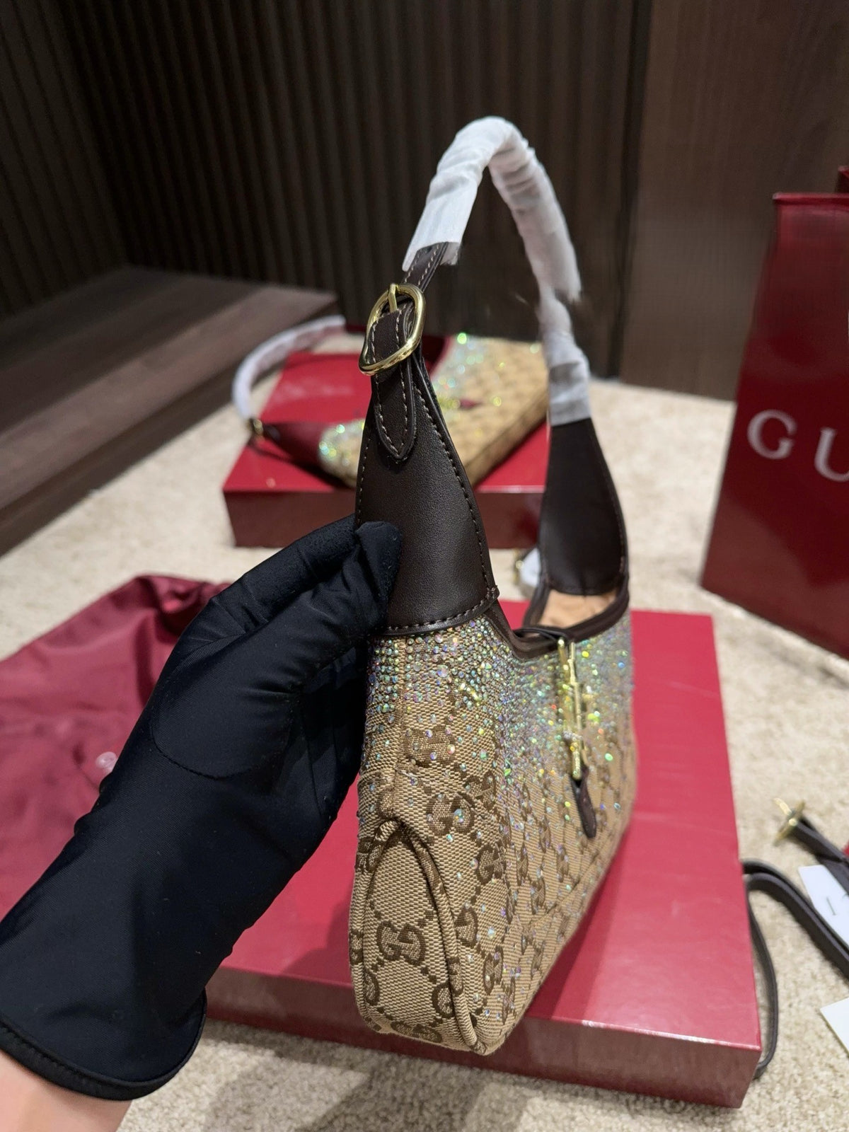 GUCCI JACKIE 1961 GG CRYSTAL – CAMEL / EBONY