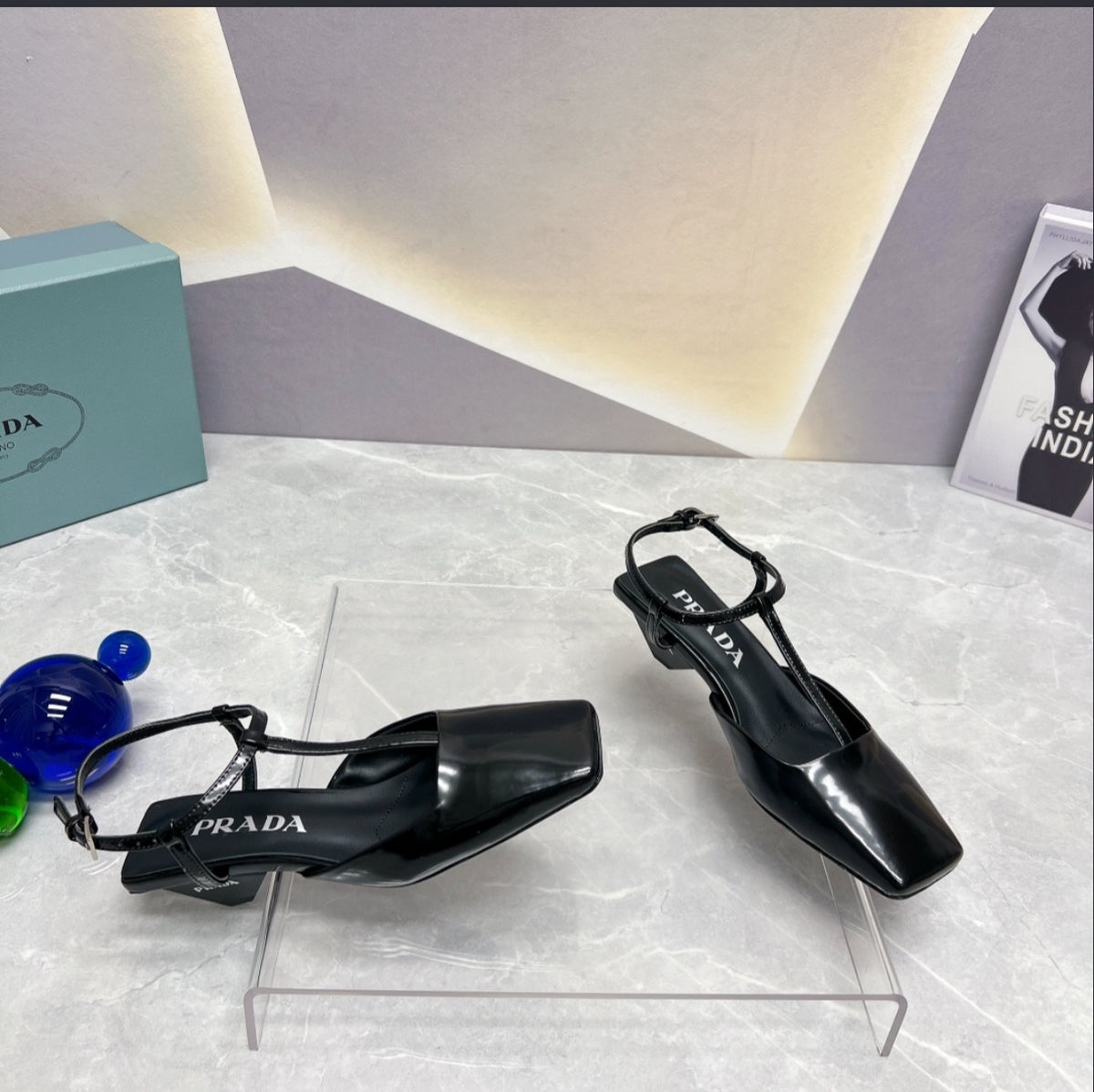 Prada Patent Square-Toe T-Strap Pumps