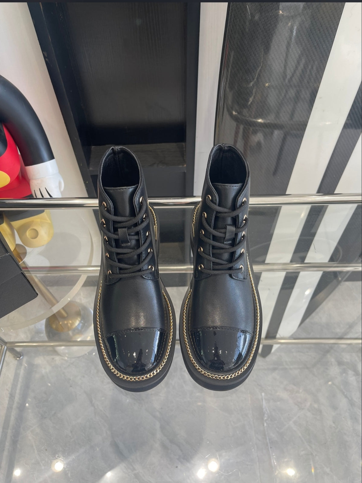 CHANEL CHAIN-TRIM LACE-UP ANKLE BOOTS – BLACK / GOLD
