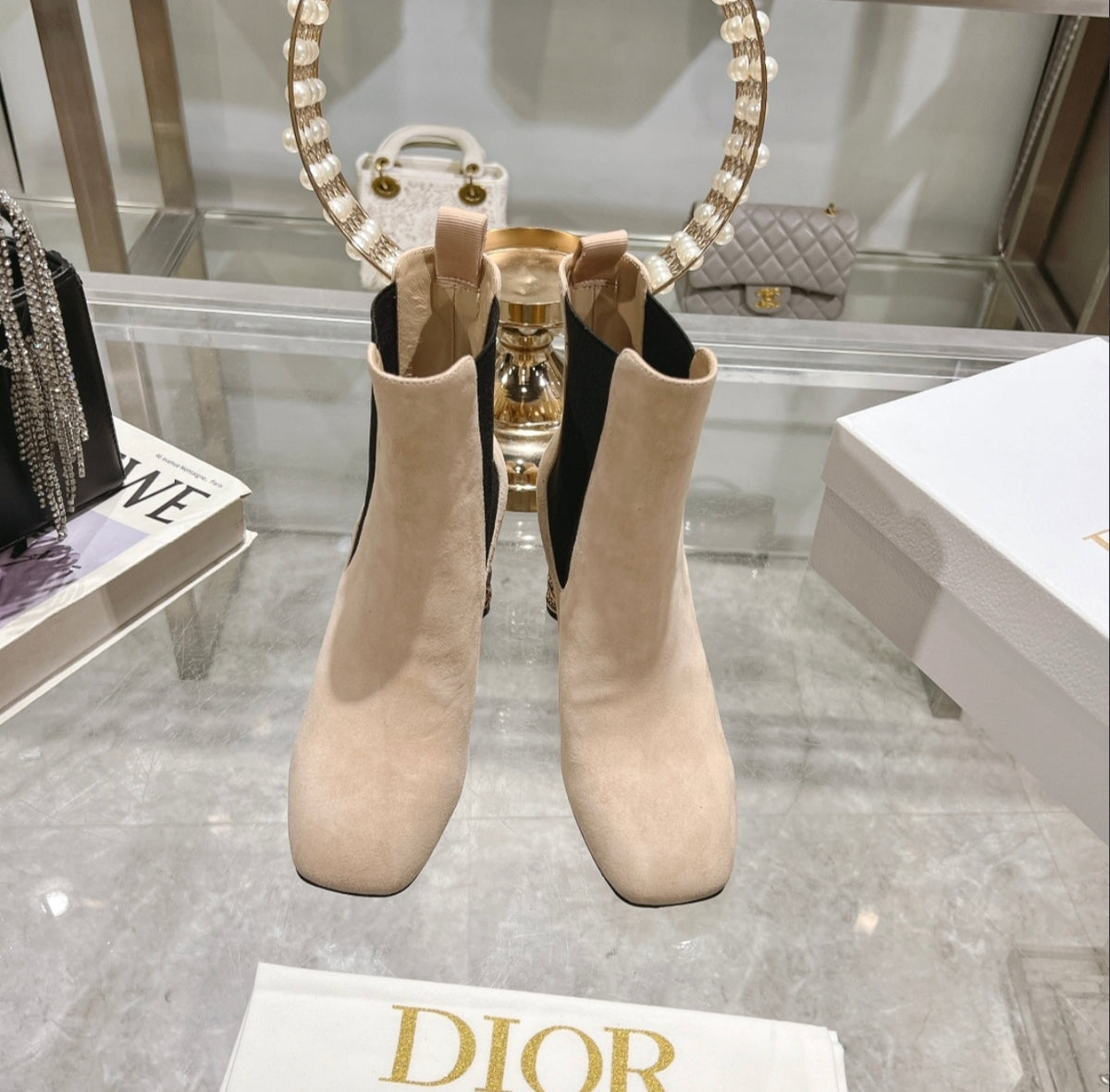 Dior Heeled Chelsea Ankle Boots – Beige Suede / Gold