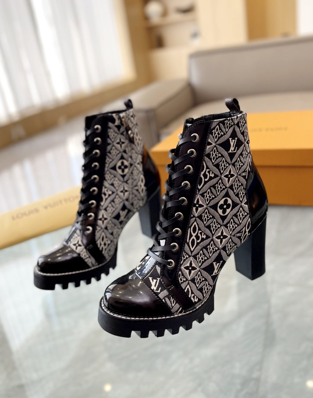 LOUIS VUITTON SINCE 1854 LACE-UP HEELED BOOTS – BLACK / GREY