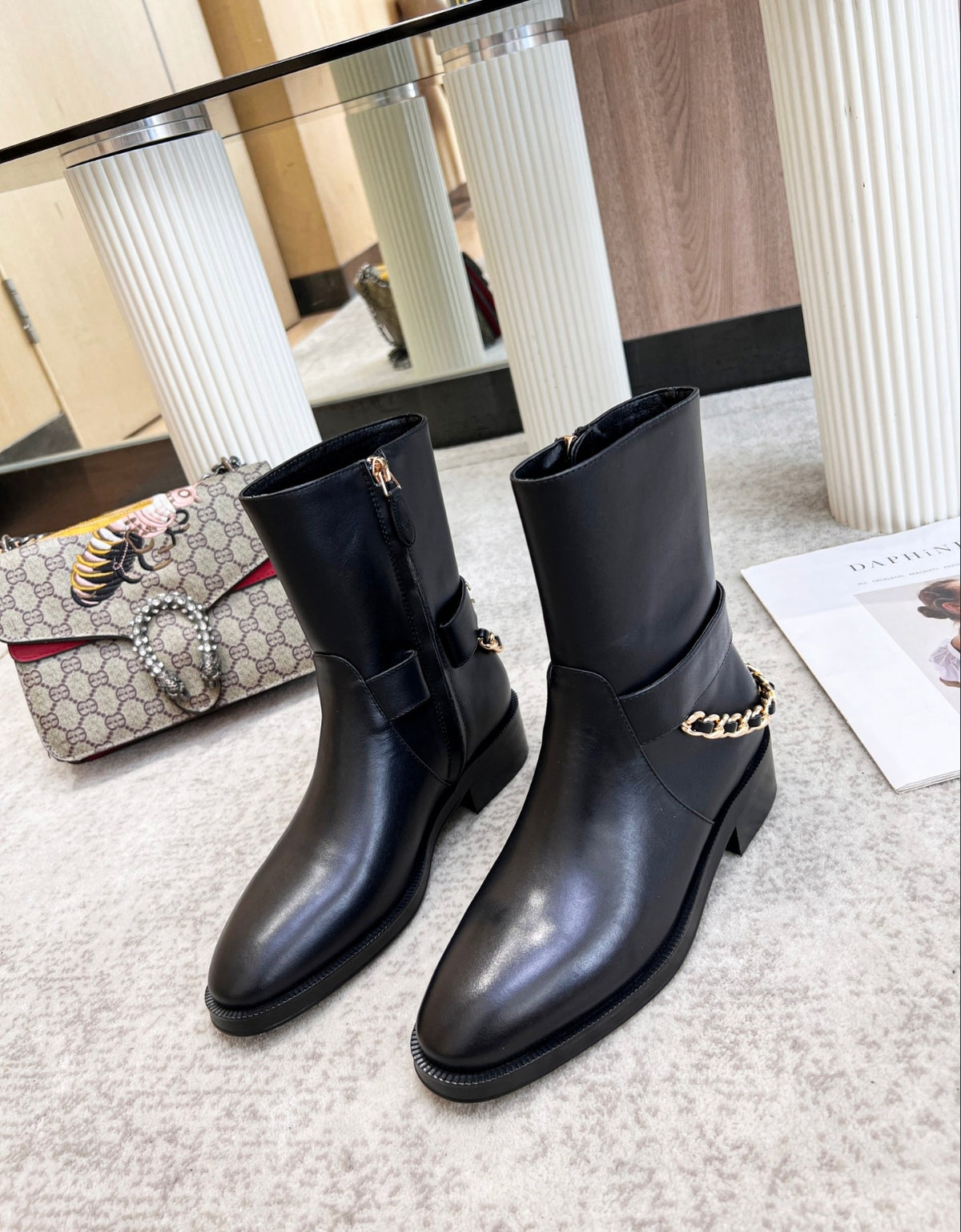 CHANEL CC CHAIN MID-CALF BOOTS – BLACK / GOLD