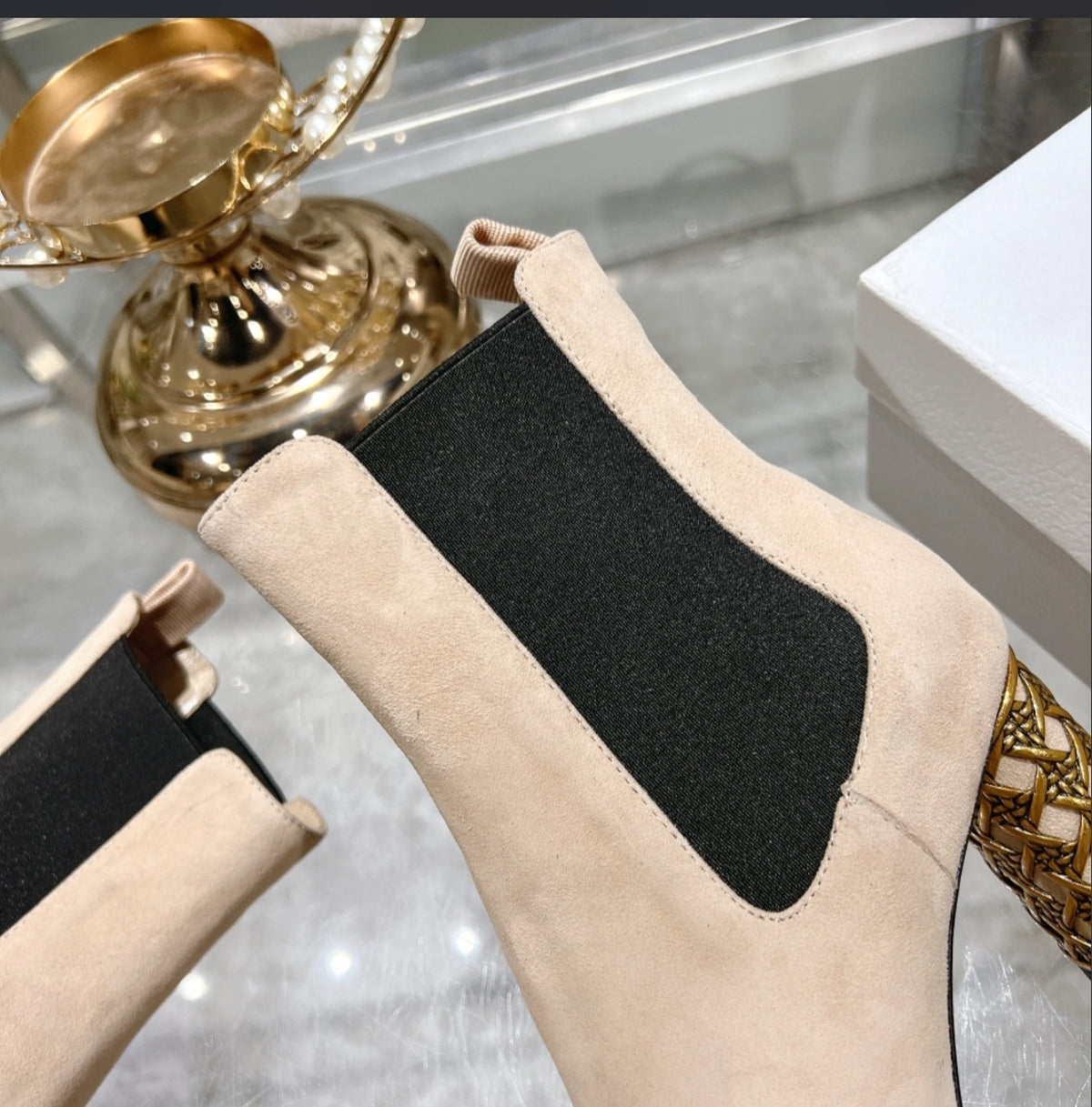 Dior Heeled Chelsea Ankle Boots – Beige Suede / Gold
