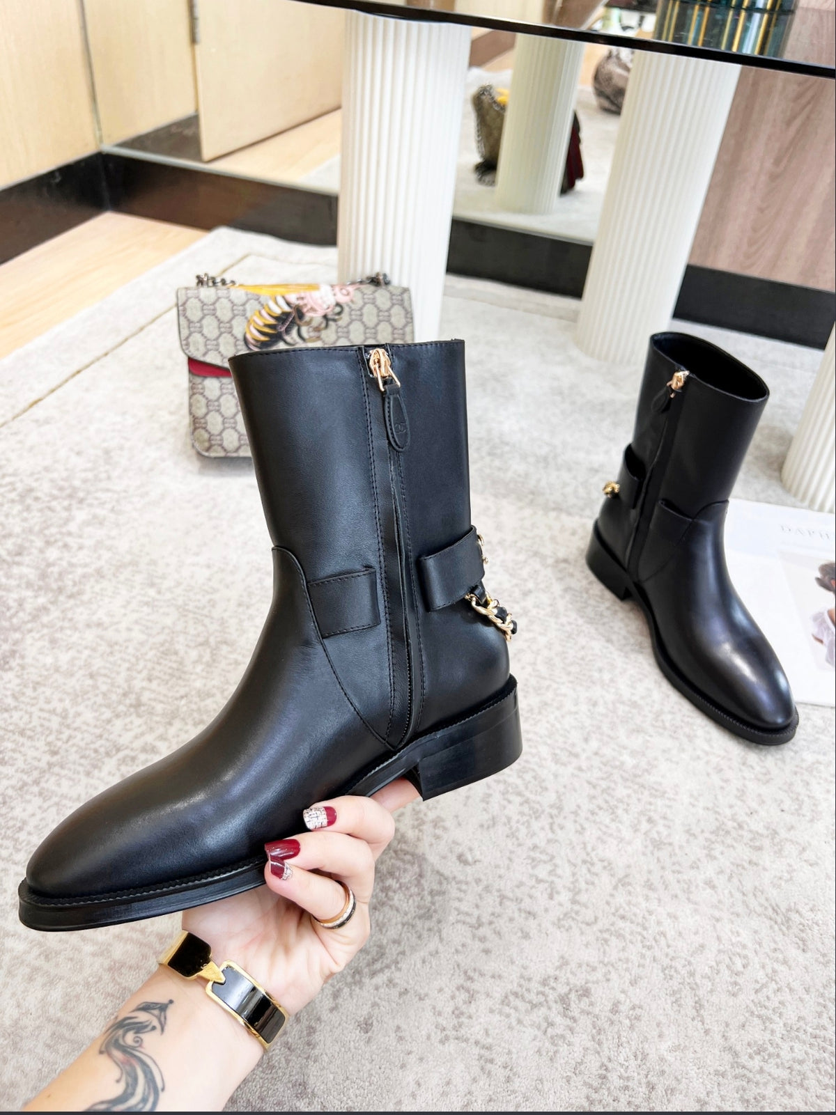 CHANEL CC CHAIN MID-CALF BOOTS – BLACK / GOLD