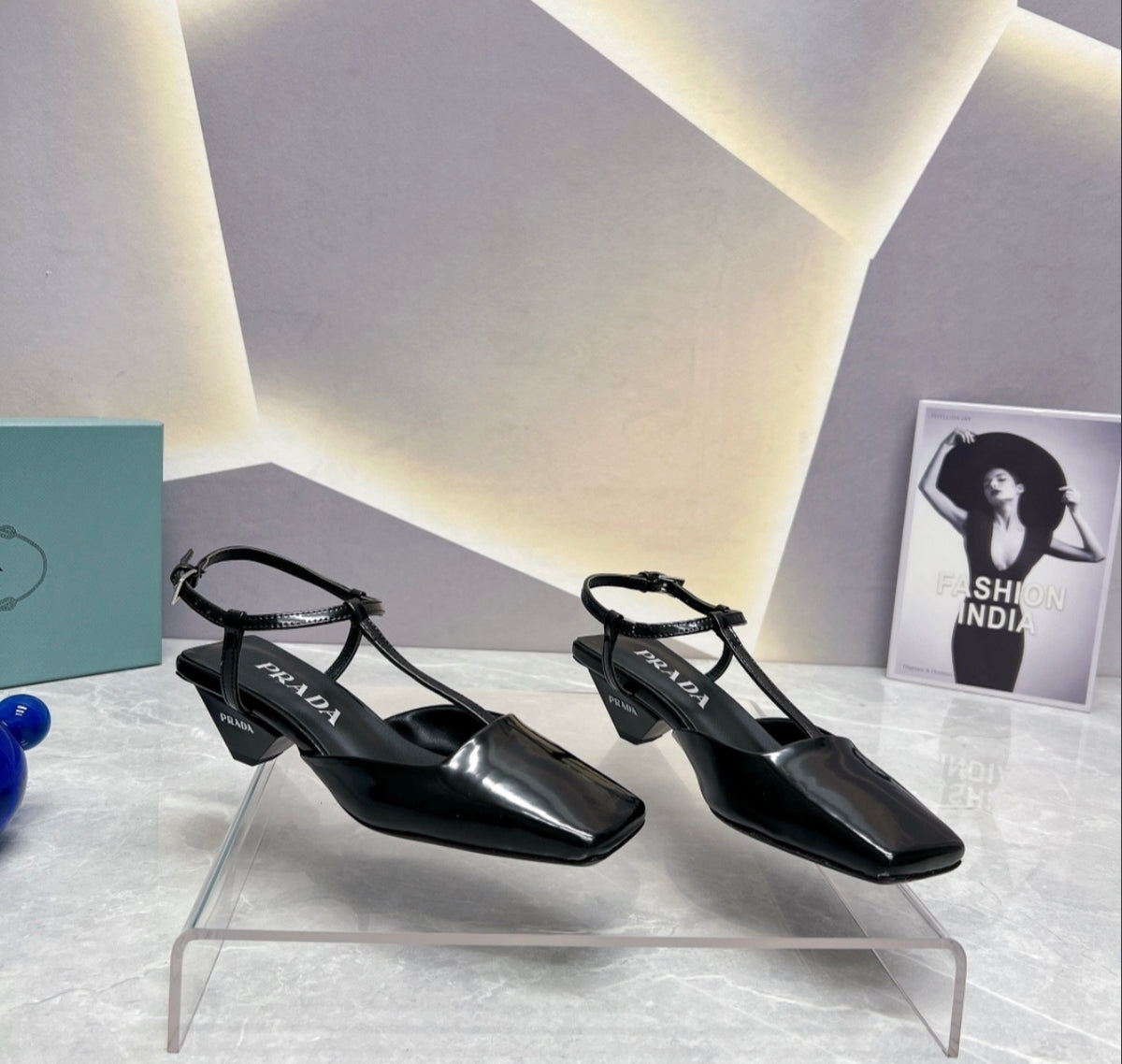 Prada Patent Square-Toe T-Strap Pumps