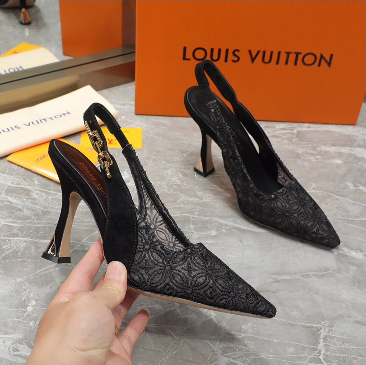 LOUIS VUITTON LACE SLINGBACK PUMPS