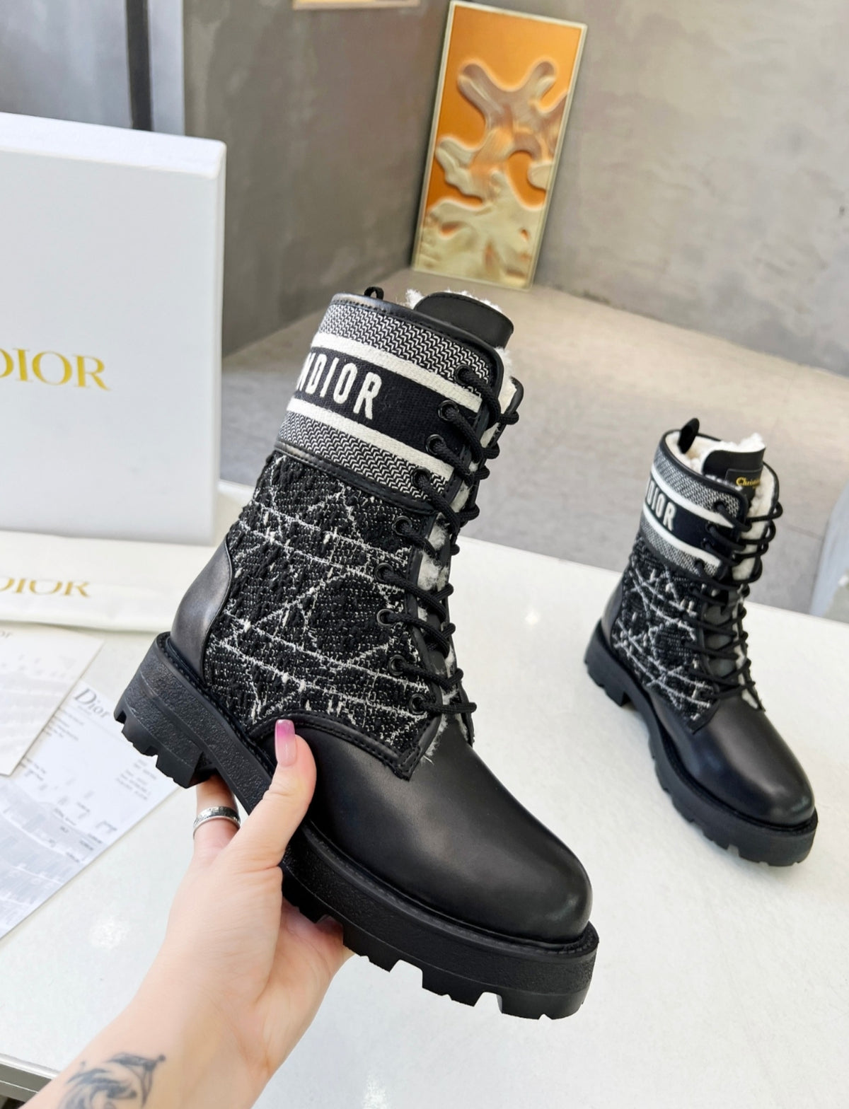 DIOR OBLIQUE LACE-UP COMBAT BOOTS – BLACK / BEIGE / GOLD