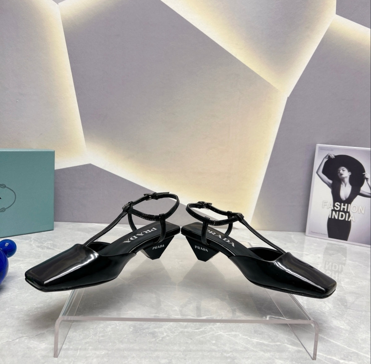Prada Patent Square-Toe T-Strap Pumps