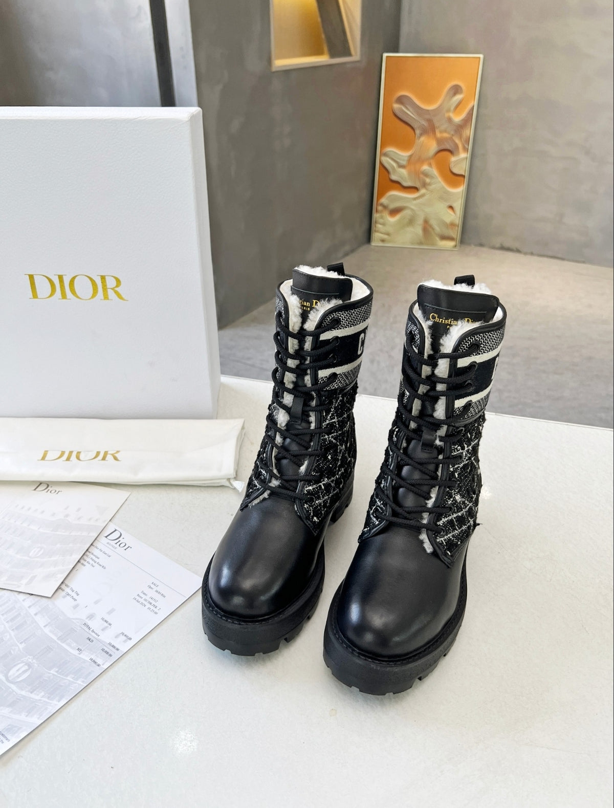 DIOR OBLIQUE LACE-UP COMBAT BOOTS – BLACK / BEIGE / GOLD