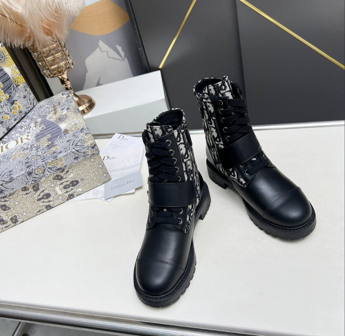 DIOR OBLIQUE LACE-UP COMBAT BOOTS – BLACK / BEIGE / GOLD