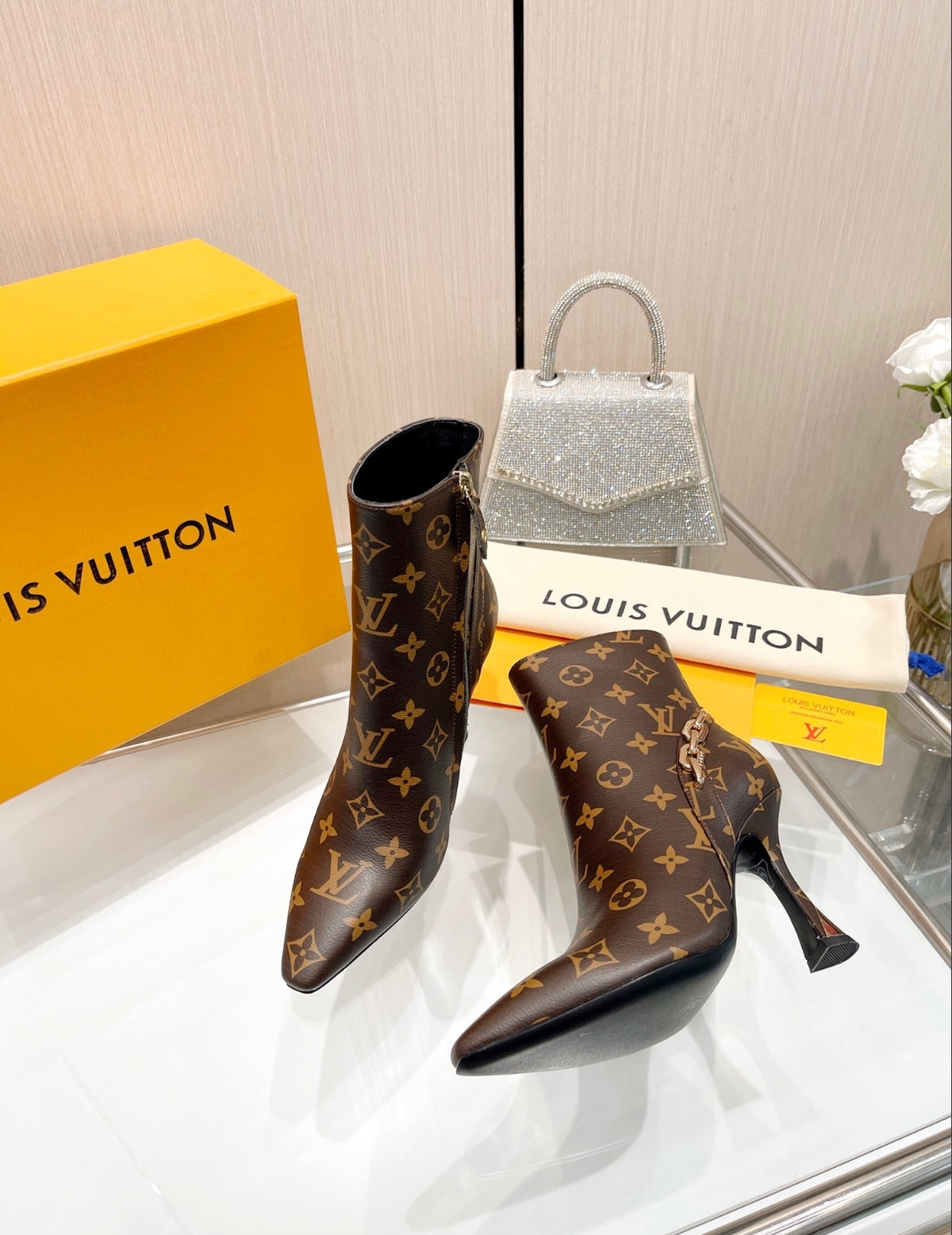 LOUIS VUITTON MONOGRAM POINTED-TOE ANKLE BOOTS